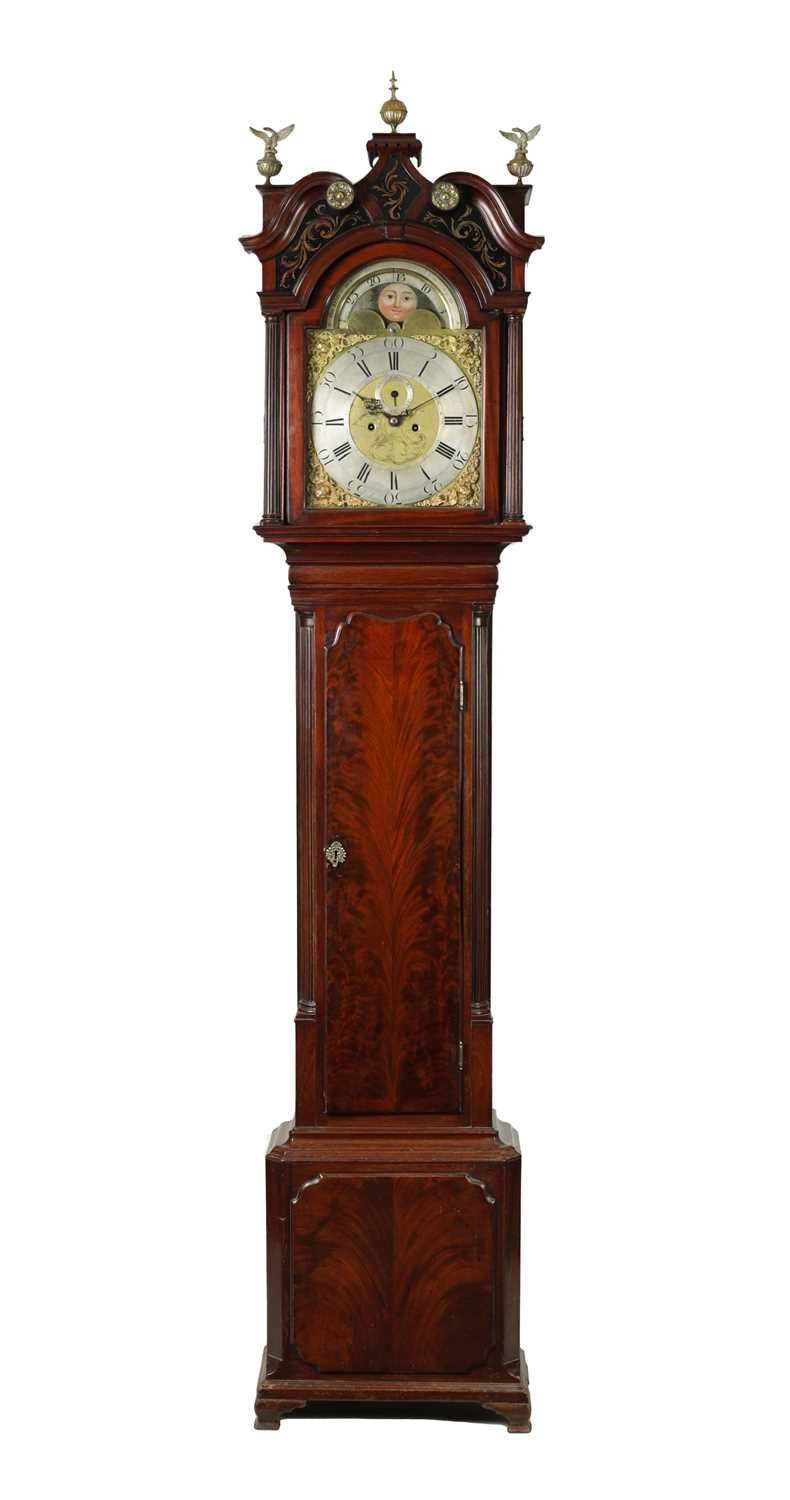 Lot 1252 - JOSEPH FINNEY, LIVERPOOL. A GEORGE III FIGURED MAHOGANY LONGCASE CLOCK