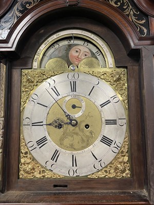 Lot 1252 - JOSEPH FINNEY, LIVERPOOL. A GEORGE III FIGURED MAHOGANY LONGCASE CLOCK