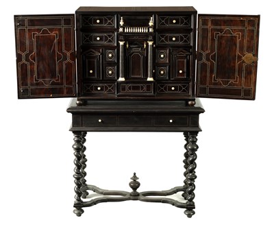 Lot 1440 - A 17TH CENTURY EBONY AND IVORY INLAID TABLE CABINET