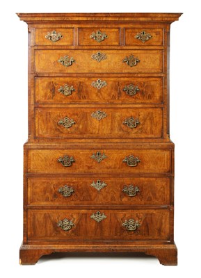 Lot 1433 - A FINE GEORGE I HERRING-BANDED FIGURED WALNUT CHEST ON CHEST OF SUPERB ORIGINAL COLOUR AND PATINA