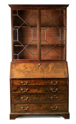 Lot 1351 - A GEORGE III FLAME MAHOGANY BUREAU BOOKCASE