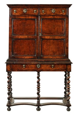 Lot 1366 - AN UNUSUAL WILLIAM AND MARY GEOEMTRIC INLAID FIGURED WALNUT CABINET ON STAND