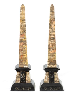 Lot 858 - A PAIR OF 19TH CENTURY EGYPTIANESQUE MOTTLED GREY MARBLE AND BLACK SLATE OBELISKS