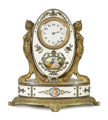 Lot 1134 - A FINE 19TH CENTURY FRENCH MINIATURE ORMOLU AND GUILLOCHE ENAMEL DRESSING TABLE COMPENDIUM WITH CLOCK, REVERSIBLE  MIRROR AND HINGED COMPARTMENT