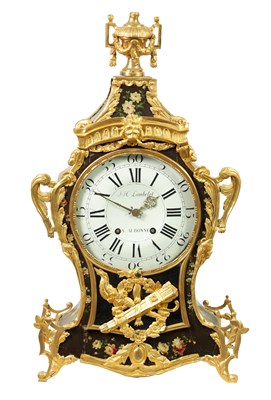 Lot 1281 - J.H.LAMBELET, A AUBONNE AN 18TH CENTURY GILT BRASS AND FLORALLY PAINTED BLACK LACQUER BRACKET CLOCK