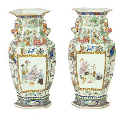 Lot 181 - A PAIR 19TH CENTURY CHINESE CANTON FAMILLE ROSE SHAPED RECTANGULAR POLYCHROME VASES