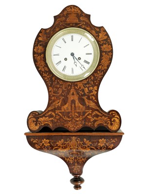 Lot 1161 - A 19TH CENTURY FRENCH ROSEWOOD AND MARQUETRY INLAID WALL CLOCK WITH AN ATTACHED BRACKET