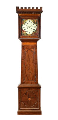 Lot 1262 - AN UNUSUAL EARLY 19TH CENTURY FIGURED MAHOGANY AND SATINWOOD PANELLED SCOTTISH EIGHT-DAY LONGCASE CLOCK