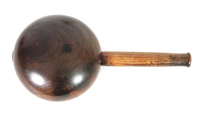 Lot 779 - A 19TH CENTURY LIGNUM VITAE TURNED FLATTENED BULBOUS MALLET