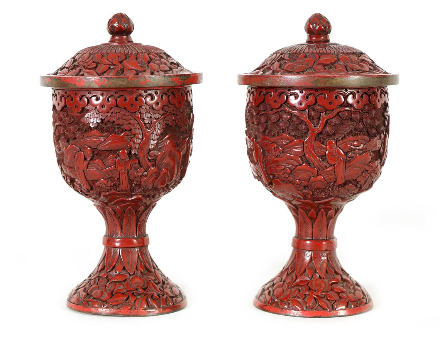 Lot 231 - A PAIR OF 18TH/19TH CENTURY CHINESE CINNABAR LACQUER URN-SHAPED LIDDED VASES