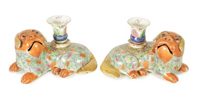 Lot 294 - A PAIR OF 19TH CENTURY CHINESE PORCELAIN SPILL VASES FORMED AS RECUMBENT FOO DOGS