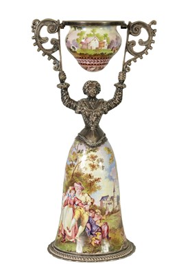 Lot 390 - A FINE 19TH CENTURY CONTINENTAL SILVER AND VIENNESE ENAMEL CANDLE SNUFFER