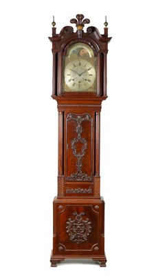 Lot 1159 - HEYWOOD, NORTHWICH. A FINE GEORGE III YEAR CALENDAR THREE TRAIN EIGHT DAY MOON ROLLER  MAHOGANY LONGCASE CLOCK