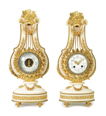 Lot 1132 - AN UNUSUAL PAIR OF 19TH CENTURY FRENCH LYRE-SHAPED ORMOLU MOUNTED WHITE MARBLE CLOCK AND BAROMETER