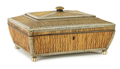 Lot 284 - A 19TH CENTURY ANGLO INDIAN PORCUPINE QUILLWORK AND IVORY BANDED SEWING BOX