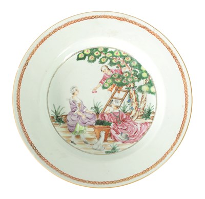 Lot 313 - A CHINESE QING LONG PERIOD FAMILLE ROSE ‘CHERRY PICKERS’ PLATE