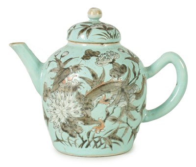 Lot 225 - AN 18TH/19TH CENTURY CHINESE PALE BLUE GROUND SMALL TEAPOT AND COVER