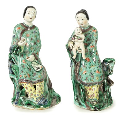 Lot 243 - A PAIR OF 19TH CENTURY CHINESE FAMILLE VERTE PORCELAIN FIGURES OF YOUNG LADIES