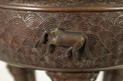 Lot 156 - A 19TH CENTURY CHINESE BRONZE CENSER AND LID MOUNTED ON A HARDWOOD STAND