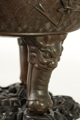 Lot 156 - A 19TH CENTURY CHINESE BRONZE CENSER AND LID MOUNTED ON A HARDWOOD STAND