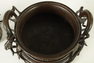 Lot 156 - A 19TH CENTURY CHINESE BRONZE CENSER AND LID MOUNTED ON A HARDWOOD STAND