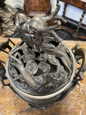 Lot 156 - A 19TH CENTURY CHINESE BRONZE CENSER AND LID MOUNTED ON A HARDWOOD STAND