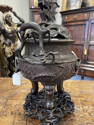 Lot 156 - A 19TH CENTURY CHINESE BRONZE CENSER AND LID MOUNTED ON A HARDWOOD STAND