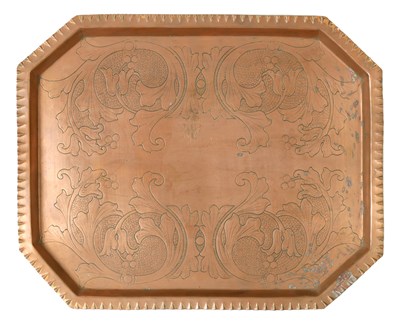 Lot 962 - AN ARTS AND CRAFTS (POSSIBLY KESWICK SCHOOL OF ART) HAND BEATEN COPPER TRAY