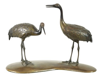 Lot 224 - A JAPANESE MEIJI PERIOD BRONZE SCULPTURE OF TWO CRANES