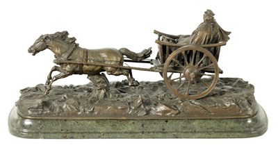 Lot 828 - AN EARLY 20TH CENTURY RUSSIAN BRONZE SCULPTURE DEPICTING A HORSE DRIVEN CARRIAGE