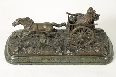 Lot 828 - AN EARLY 20TH CENTURY RUSSIAN BRONZE SCULPTURE DEPICTING A HORSE DRIVEN CARRIAGE