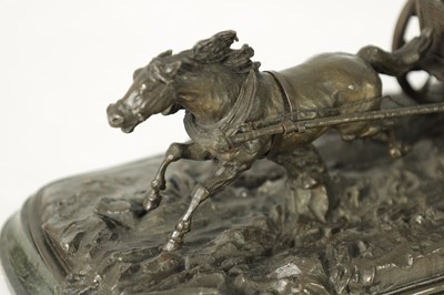 Lot 828 - AN EARLY 20TH CENTURY RUSSIAN BRONZE SCULPTURE DEPICTING A HORSE DRIVEN CARRIAGE
