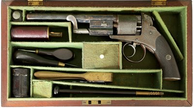 Lot 631 - A RARE MID 19TH CENTURY CASED 54-BORE BENTLY PATENT FIVE-SHOT SELF-COCKING PERCUSSION REVOLVER