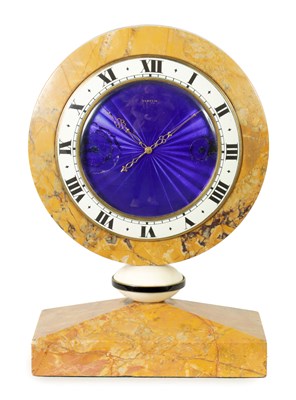 Lot 1096 - A STYLISH ART DECO EIGHT-DAY SWISS ENAMEL AND SIENNA MARBLE MANTEL CLOCK BY GUBELIN