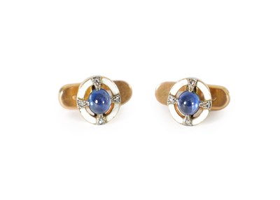 Lot 423 - A FINE PAIR OF GOLD CABOCHON SAPPHIRE DIAMOND AND ENAMEL  BUTTON STUDS