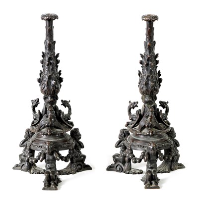 Lot 884 - A PAIR OF BRONZE RENAISSANCE STYLE FIGURAL CANDLESTICK BASES