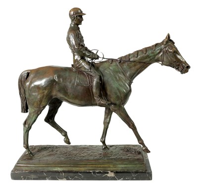 Lot 977 - AFTER I BONHEUR, A MASSIVE 20TH CNEUTRY PATINATED BRONZE SCULPTURE OF A HORSE AND JOCKEY