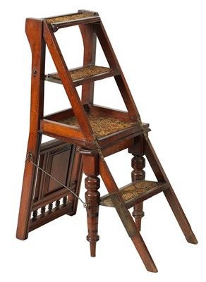 Lot 1406 - A LATE 19TH CENTURY AESTHETIC PERIOD FIGURED WALNUT METAMORPHIC CHAIR/LIBRARY STEPS