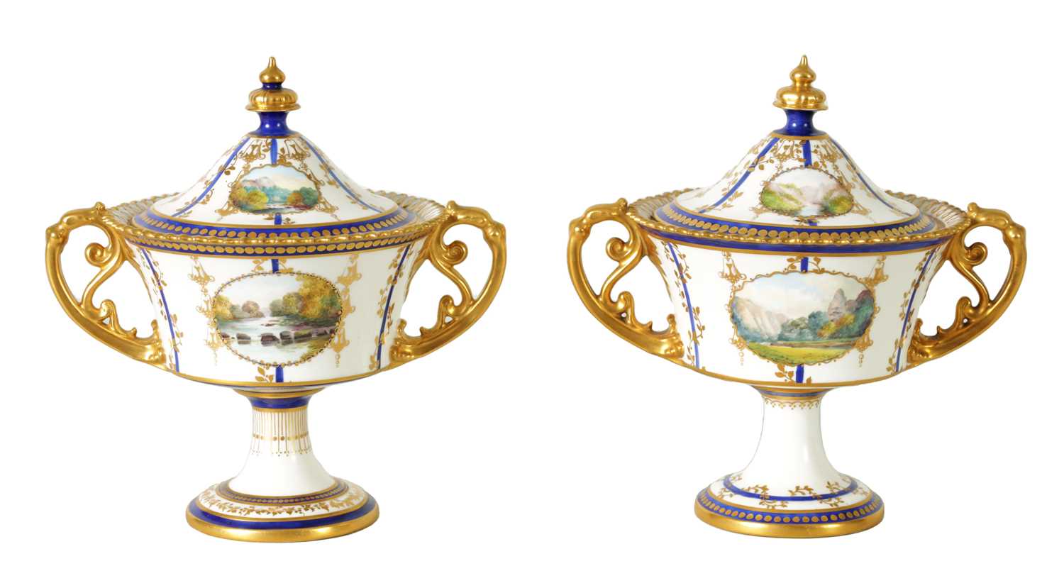 Lot 112 - A FINE PAIR OF ROYAL CROWN DERBY CAMPANA SHAPED TWO-HANDLED PEDESTAL VASES AND COVERS