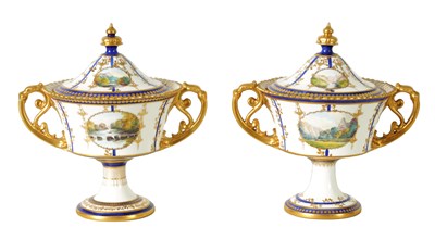 Lot A FINE PAIR OF ROYAL CROWN DERBY CAMPANA SHAPED TWO-HANDLED PEDESTAL VASES AND COVERS