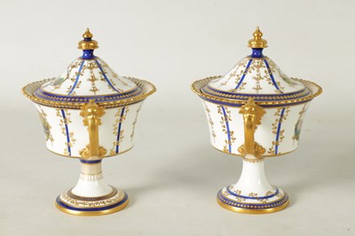 Lot 112 - A FINE PAIR OF ROYAL CROWN DERBY CAMPANA SHAPED TWO-HANDLED PEDESTAL VASES AND COVERS