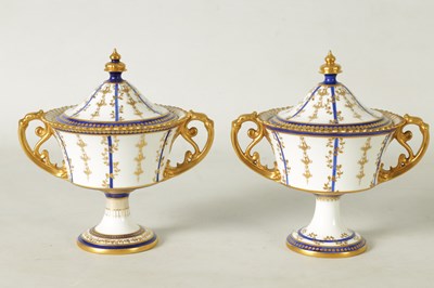 Lot 112 - A FINE PAIR OF ROYAL CROWN DERBY CAMPANA SHAPED TWO-HANDLED PEDESTAL VASES AND COVERS