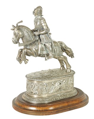 Lot 516 - A 19TH CENTURY CONTINENTAL SILVER AND IVORY SCULPTURE OF A KNIGHT ON HORSEBACK