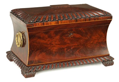 Lot 802 - A GOOD LATE REGENCY BOX WOOD STRUNG FIGURED MAHOGANY SARCOPHAGUS TEA CADDY