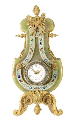 Lot 1304 - A LATE 19TH CENTURY ORMOLU AND GREEN ONYX FRENCH LYRE-SHAPED STRUT CLOCK