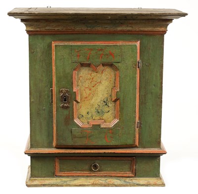 Lot 1438 - AN 18TH CENTURY FRENCH PAINTED HANGING WALL CUPBOARD