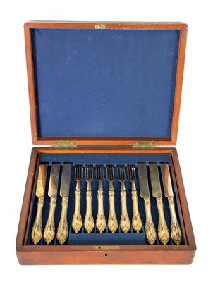 Lot 544 - A LATE 19TH CENTURY 24-PIECE CASED GILT METAL FISH SERVICE