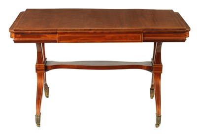 Lot 1334 - AN UNUSUAL REGENCY PLUM PUDDING BOX-WOOD INLAID MAHOGANY SOFA TABLE