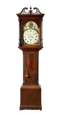 Lot 1295 - A GEORGE III FLAMED MAHOGANY EIGHT DAY PAINTED DIAL LONGCASE CLOCK