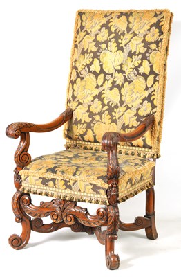 Lot 1322 - A 19TH CENTURY CARVED WALNUT UPHOLSTERED ARMCHAIR